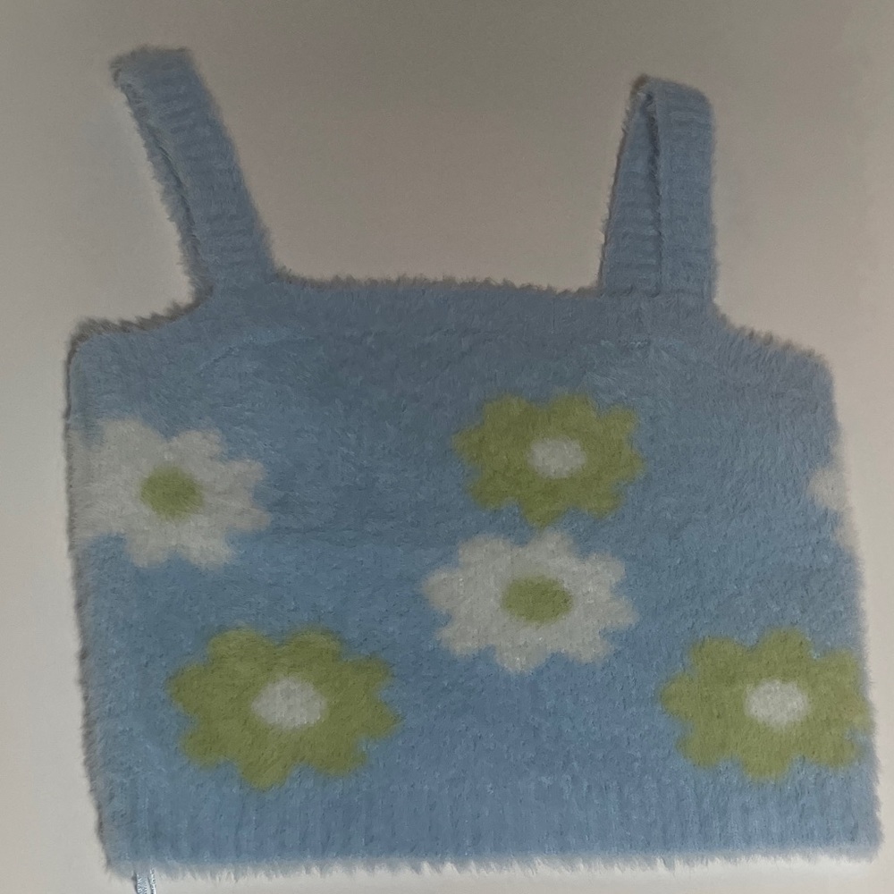 Kendall & Kylie Light Blue Fuzzy Floral Knit Crop Sweater